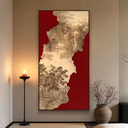 中式国风红色竖版山水装饰画