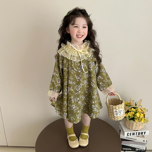 女小童春秋灯芯绒甜美碎花连衣裙2025春季新款小女孩田园风公主裙