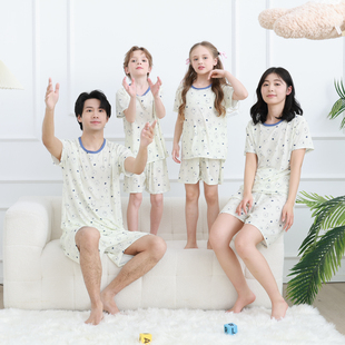 短裤 亲子青少年女童短袖 薄 冰丝男童中大童家居服套装 儿童睡衣夏季