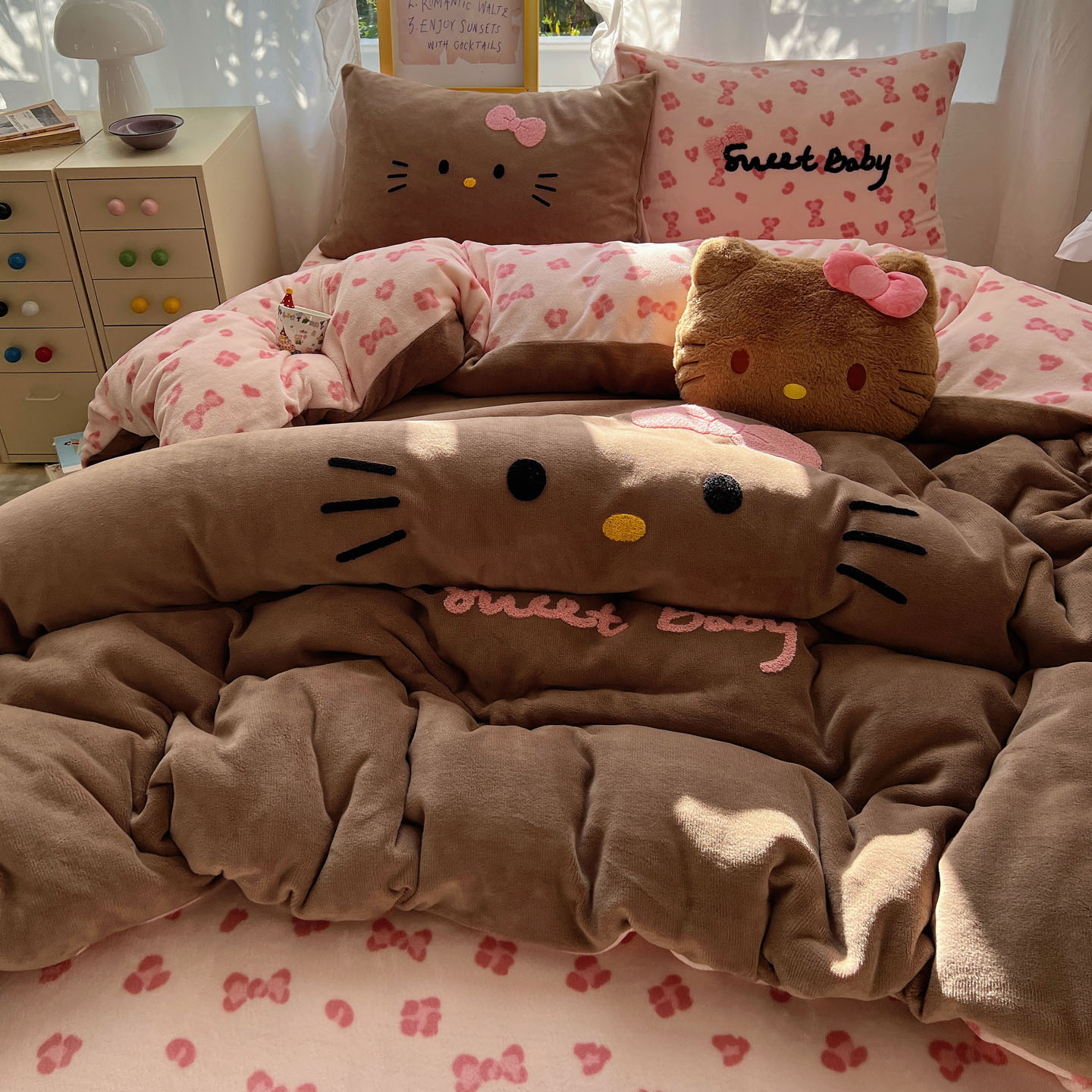 黑皮猫猫冬季牛奶绒床上四件套被套三件套床上用品珊瑚绒床单被罩