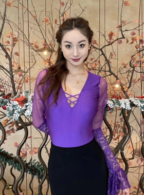 ASL摩登舞服紫色蕾丝长袖V领上衣练功练习训练练功服胸垫网纱