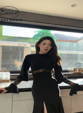 Sweet Dance摩登新品黑色蕾丝拼接上衣小喇叭袖训练练习练功服