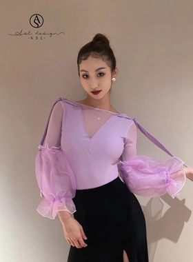ASL国标摩登舞服上衣紫色网纱泡泡袖蝴蝶结练功练习训练服胸垫连