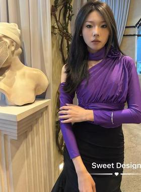 Sweet Dance摩登斜肩长袖褶皱上衣练功练习训练服紫色新款