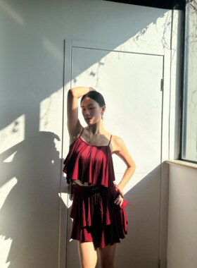 crystal拉丁练功练习训练舞服上衣吊带连体荷叶蓬蓬双层短裙红色