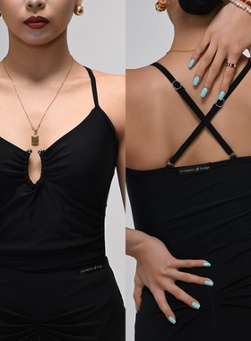 Clouds.X拉丁舞服黑色银扣褶皱吊带上衣不规则半身裙练习练功训练