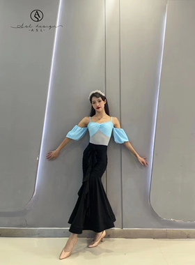 ASL国标摩登舞服练功练习训练服吊带上衣蓝色褶皱鱼尾裙黑色