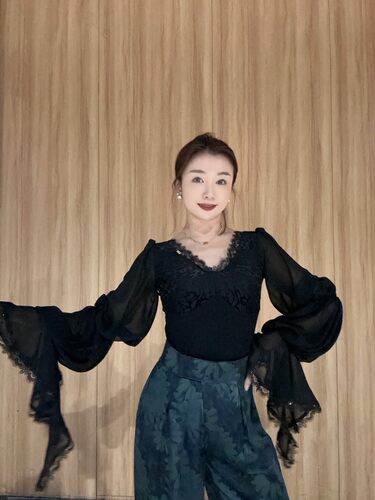 YRSS摩登舞服进口植绒面料亮片灯笼袖上衣练习练功训练服长袖黑色