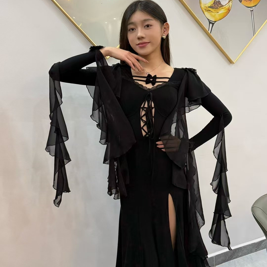Sweet Dance雪纺长袖飘带开叉半身长裙黑色练功练习训练服摩登服