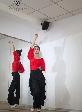 ASL国标摩登舞服海带裤练习裤练功服下装长裤子黑色雾蓝色成人女