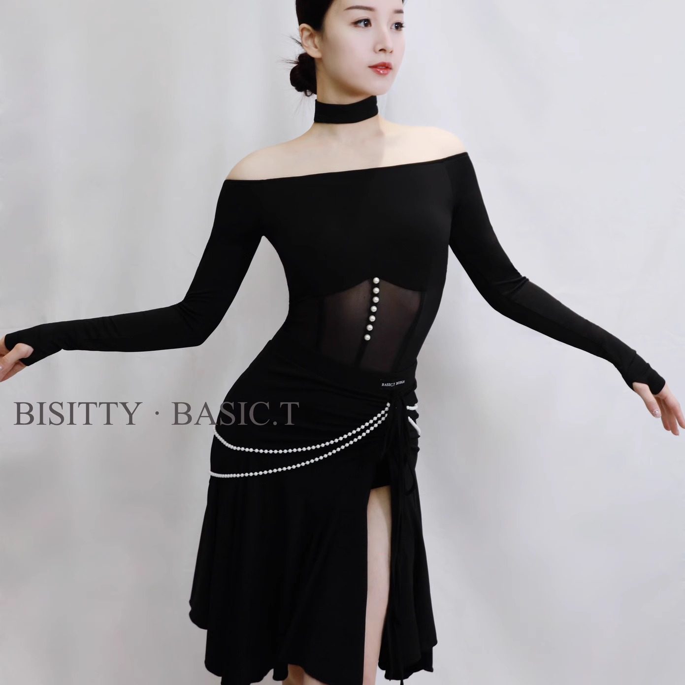 BASICT拉丁网纱一字肩上衣长袖半身裙珍珠胸垫练习练功训练服黑色