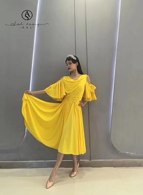 ASL国标摩登舞服练功练习表演比赛服连衣裙黄色带胸垫百折艺考服