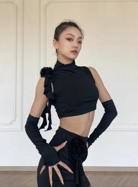 Clouds.X拉丁舞服黑色白色红色坎袖高领花朵飘带练习训练功服套装