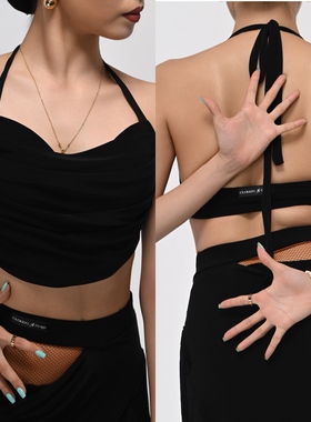 Clouds.X拉丁舞荡领挂脖上衣黑色镂空荡胯流苏半身裙练习练功训练