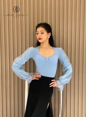 ASL摩登舞服欧根纱上衣灯笼长袖练功练习训练练功服胸垫黑蓝红色