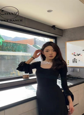 Sweet Dance摩登新品黑色方领喇叭长袖蕾丝上衣训练练习练功服