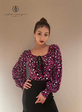 ASL国标摩登舞服上衣紫色波点豹纹泡泡袖练功练习训练服胸垫连体