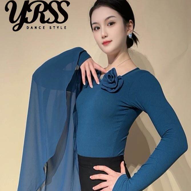 YRSS摩登舞服上衣软棉斜方领打底衫雪纺喇叭长飘袖练习练功训练服