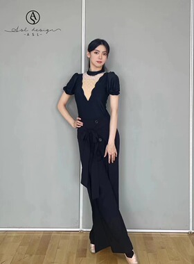 ASL摩登舞服练功练习训练服黑色泡泡袖上衣连体胸垫四扣绑带长裤