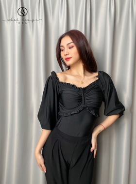 ASL摩登舞服黑色胸前褶皱上衣长袖练功练习训练服连体裤胸垫露背