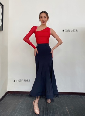 dillin舞服迪林摩登练习训练服斜肩长袖褶皱上衣连体胸垫黑白红色