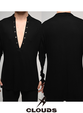 Clouds.X拉丁舞服深V领上衣黑色训练练功练习服长袖男款