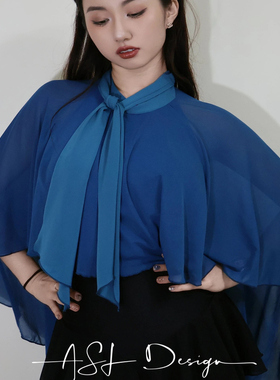 ASL摩登舞服大飘袖上衣连体练功练习训练服胸垫雾蓝色可改色