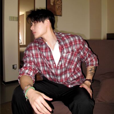 美式复古格纹挺括微弹长袖衬衫