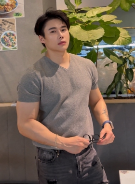 BEESTRONG 夏季32针冰丝小V领透气短袖男运动休闲肌理感针织T恤