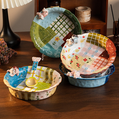 sisin 手绘卡通汤盘家用菜盘沙拉盘点心盘陶瓷设计感高颜值送礼