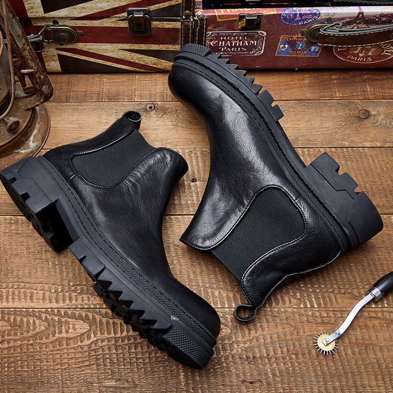 BRITISH STYLE CHELSEA BOOTS MENS SHORT BOOTS THICK-SOLED LEATHER COWHIDE MENS BOOTS SLIP-ON COWBOY BOOTS MARTIN BOOTS TRENDY