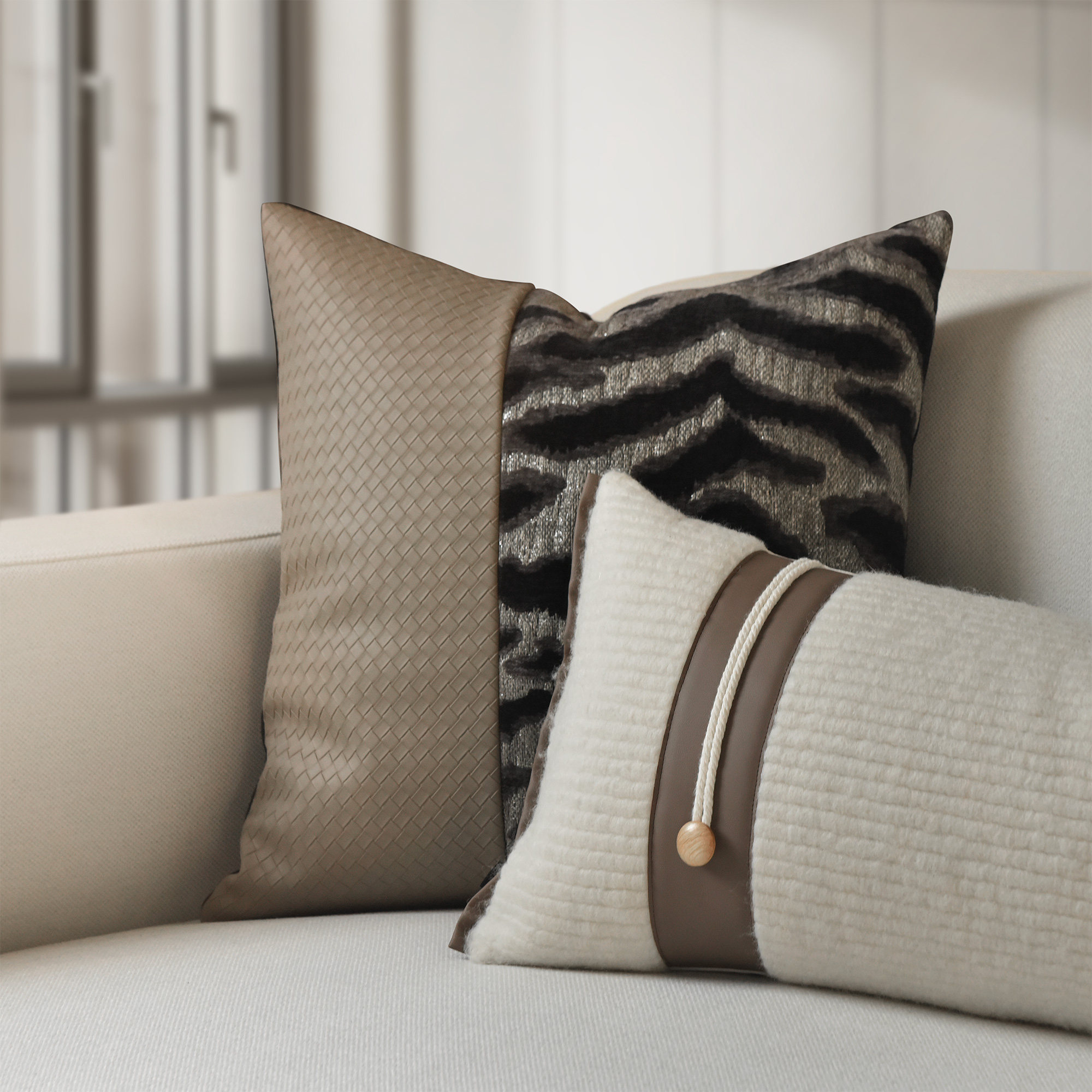 定制北欧现代轻奢高档抱枕样板房咖色皮革沙发客厅靠枕高端床头靠