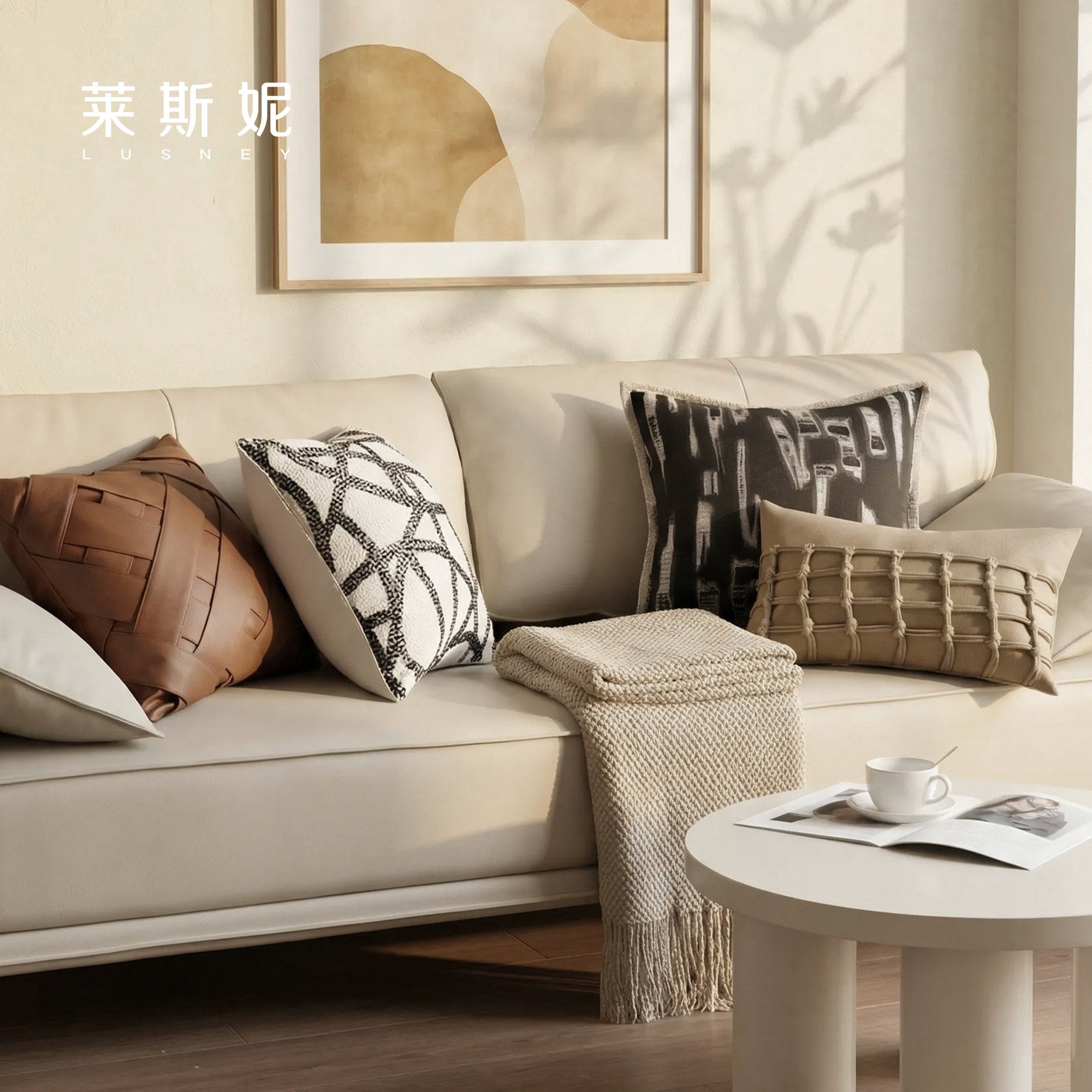 法式现代意式沙发靠枕轻奢沙发抱枕高级感客厅米白色棉麻靠枕套垫