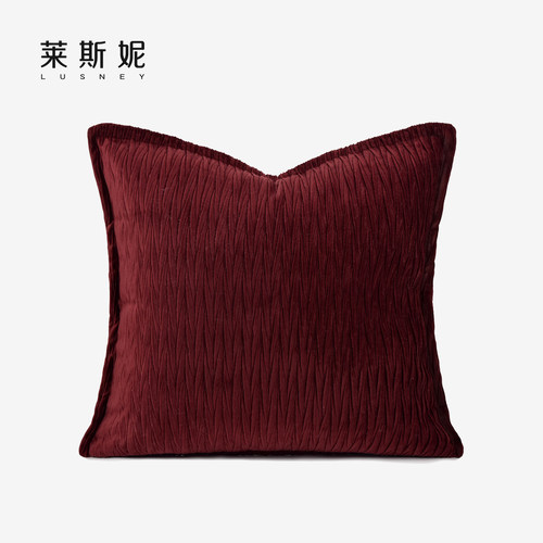 立体褶纹褶皱感酒红色棉绒抱枕设计师酒店样板间床上客厅沙发靠垫