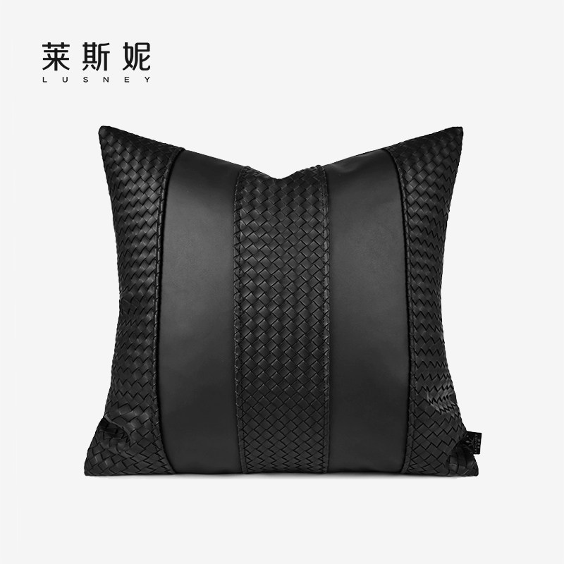 现代轻奢样板房抱枕黑色编织皮拼接沙发客厅靠垫定制床头软包靠背
