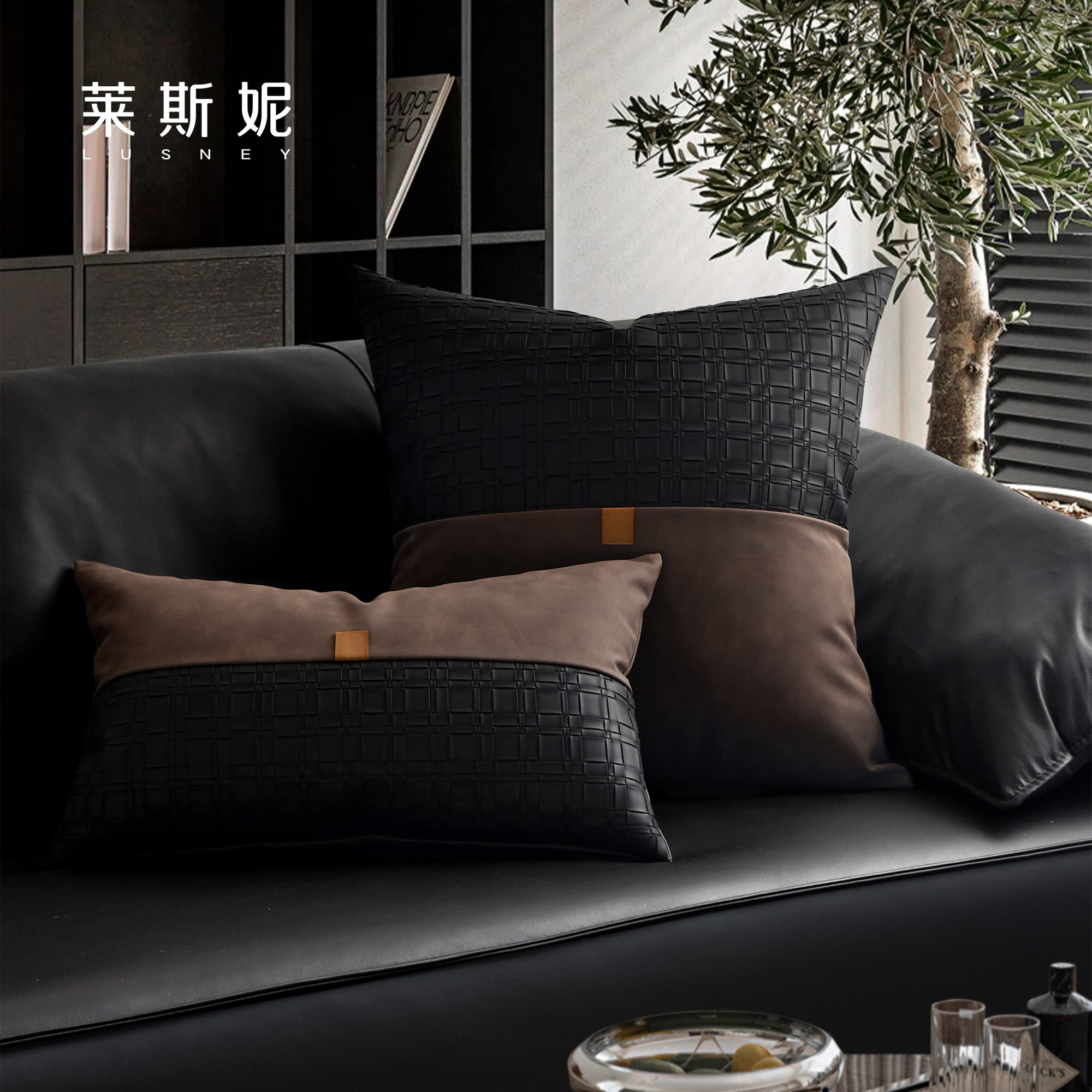 高档轻奢编织拼接别墅沙发腰枕格子深咖色靠垫酒店展厅抱枕靠枕