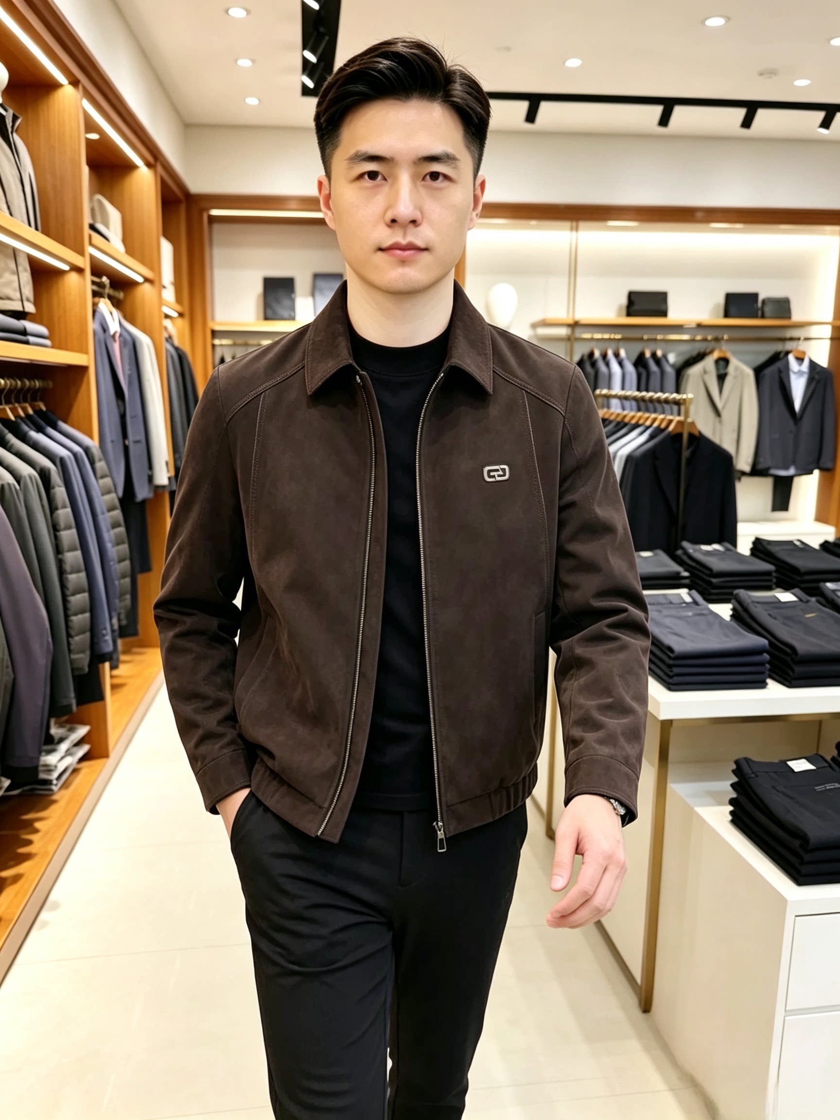 高端品牌短款夹克衫男装仿皮磨砂皮中青年时尚男士羽绒服外套新款