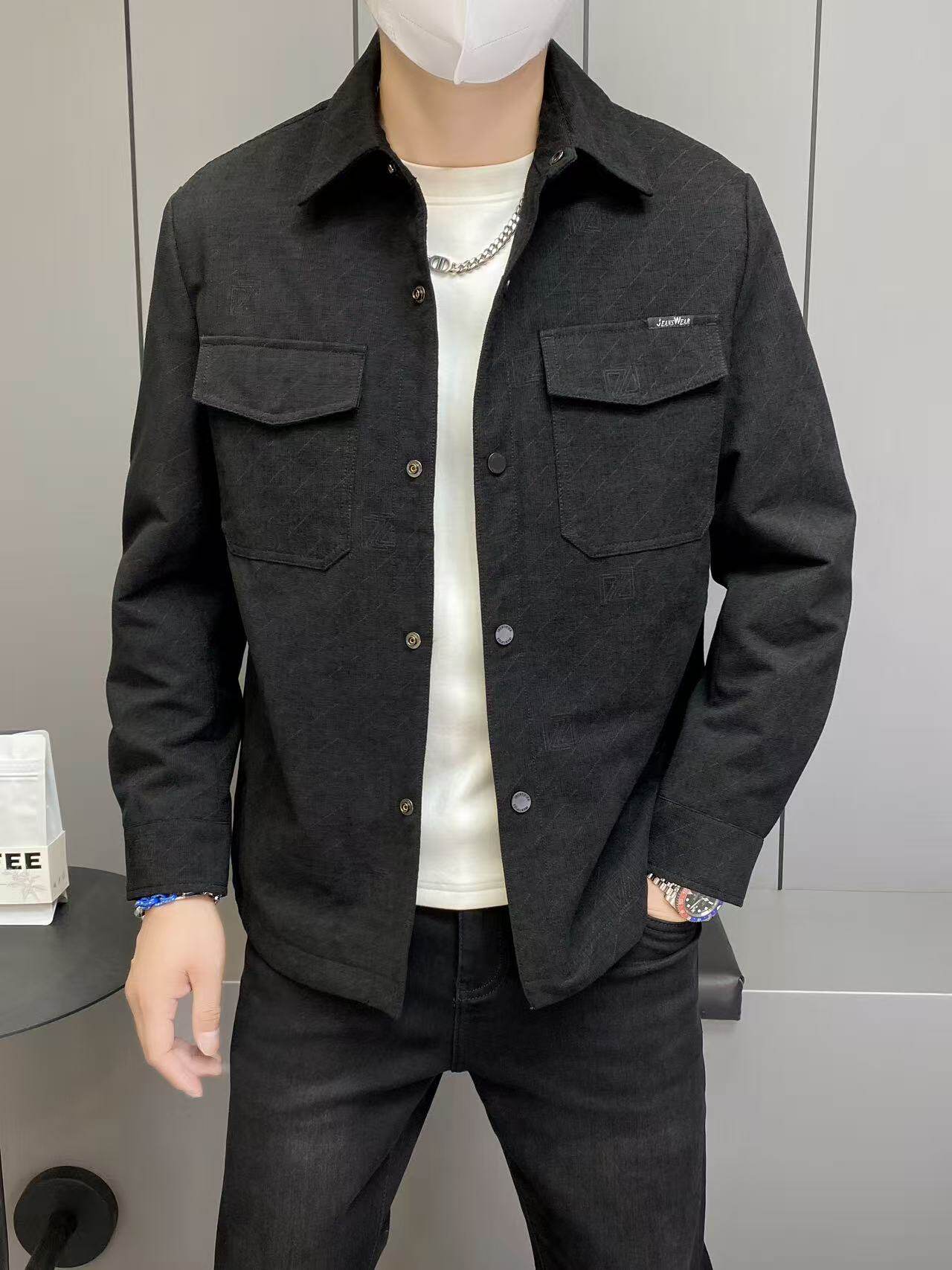高端品牌秋季个性帅气男士翻领休闲夹克斜格印花提花外套潮流时尚