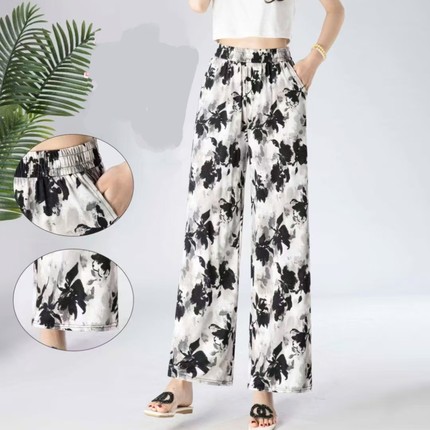 南韩丝水墨画花裤子女夏季薄款冰丝大码阔腿裤直筒休闲外穿凉凉裤