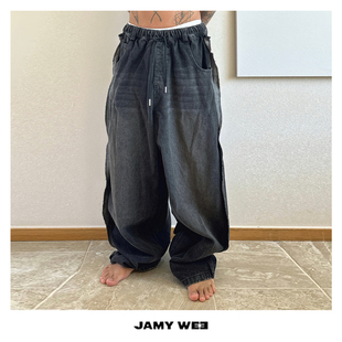 JAMY WEE 黑灰色水洗做旧磨毛拼接宽松松紧腰百搭牛仔裤