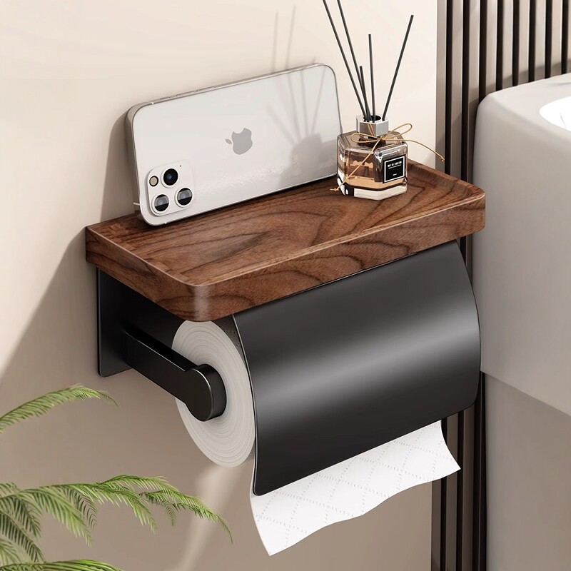 胡桃木卫生间纸巾架免打孔置物架