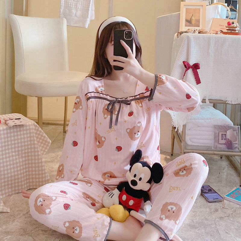 출산 잠옷 여성 봄 가을 감금 옷 여름 산후 순면 긴팔 얇은 스타일 수유 투피스 세트 핑크