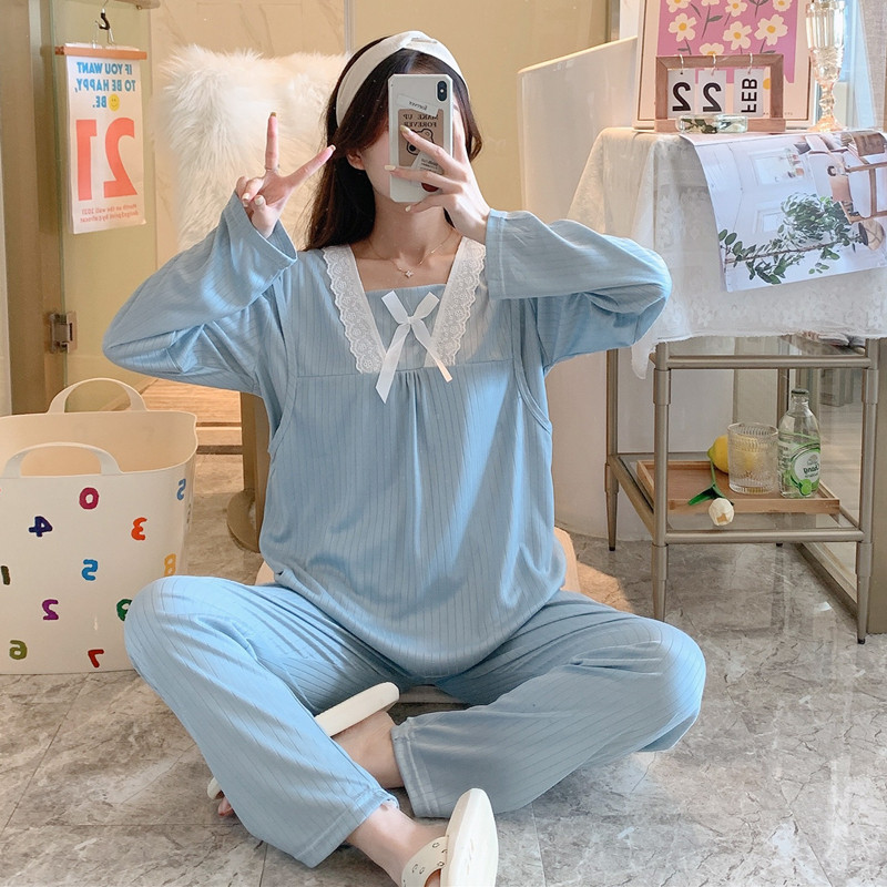 산후 의류 봄 가을 여름 얇은 산후 순면 긴팔 출산 잠옷 여성 모유 수유 여름 투피스 양복 스퀘어 칼라