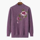 妈妈装 镶钻加厚毛衣中老年半高领绣花仿貂毛针织上衣奶奶装 宽松打