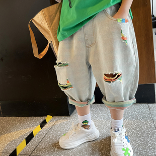 夏季 2023新款 男孩工装 七分裤 炸街男童牛仔短裤 洋气儿童童装 破洞款