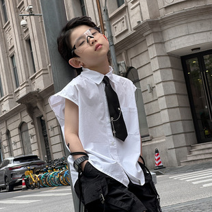 童装批发2026夏季儿童衬衫韩版男童帅气无袖领带上衣男孩演出服潮