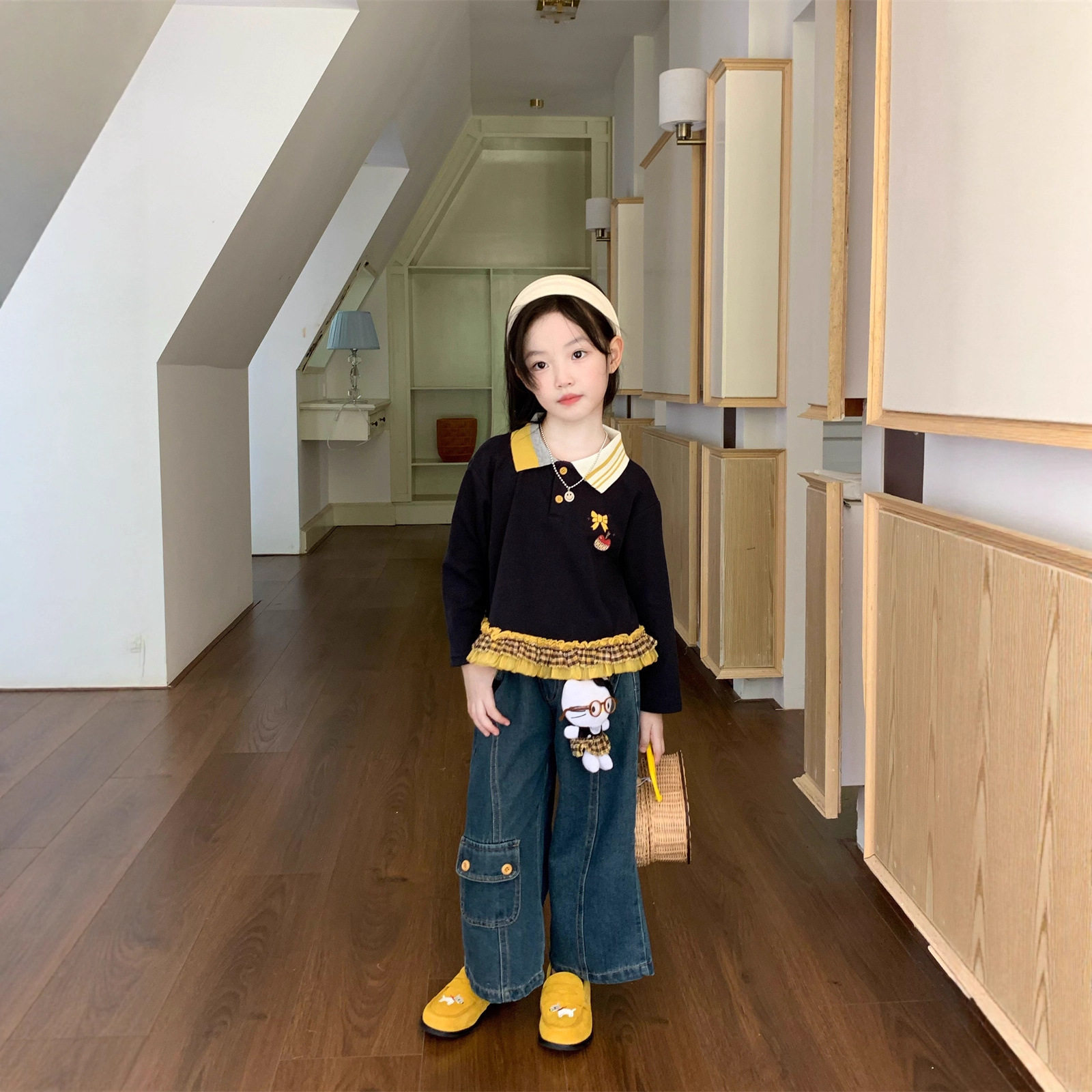 TOTObaby秋装女童韩版洋气撞色polo领花边长袖T恤儿童时髦牛仔裤