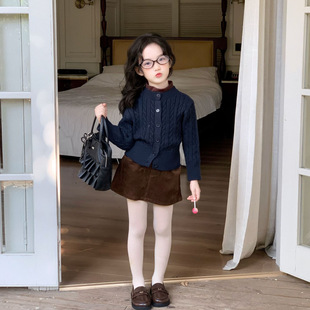 TOTObaby冬装新款韩系女童藏蓝色麻花针织毛衣开衫咖色灯芯绒短裙