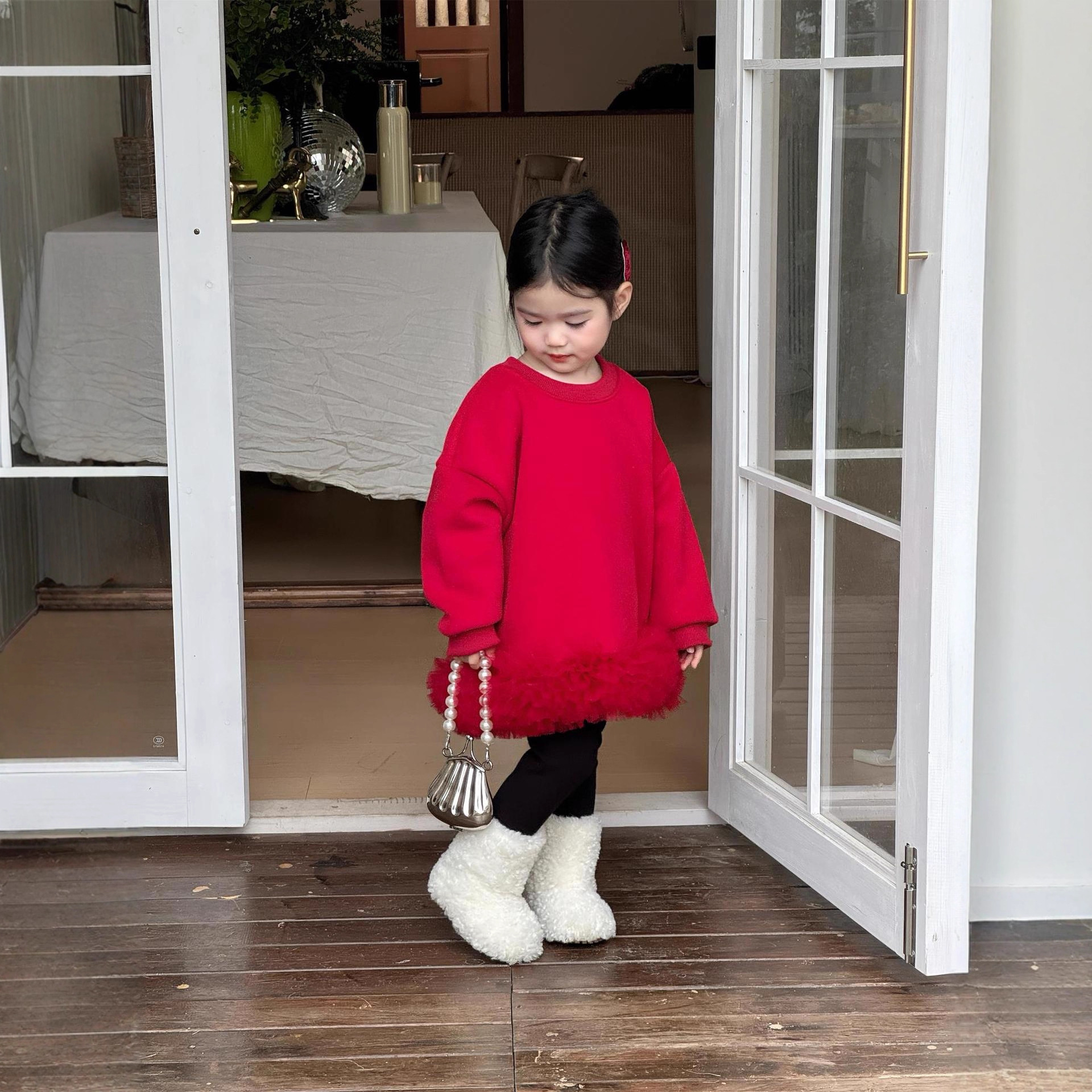 女童红色加绒拼接网纱卫衣裙