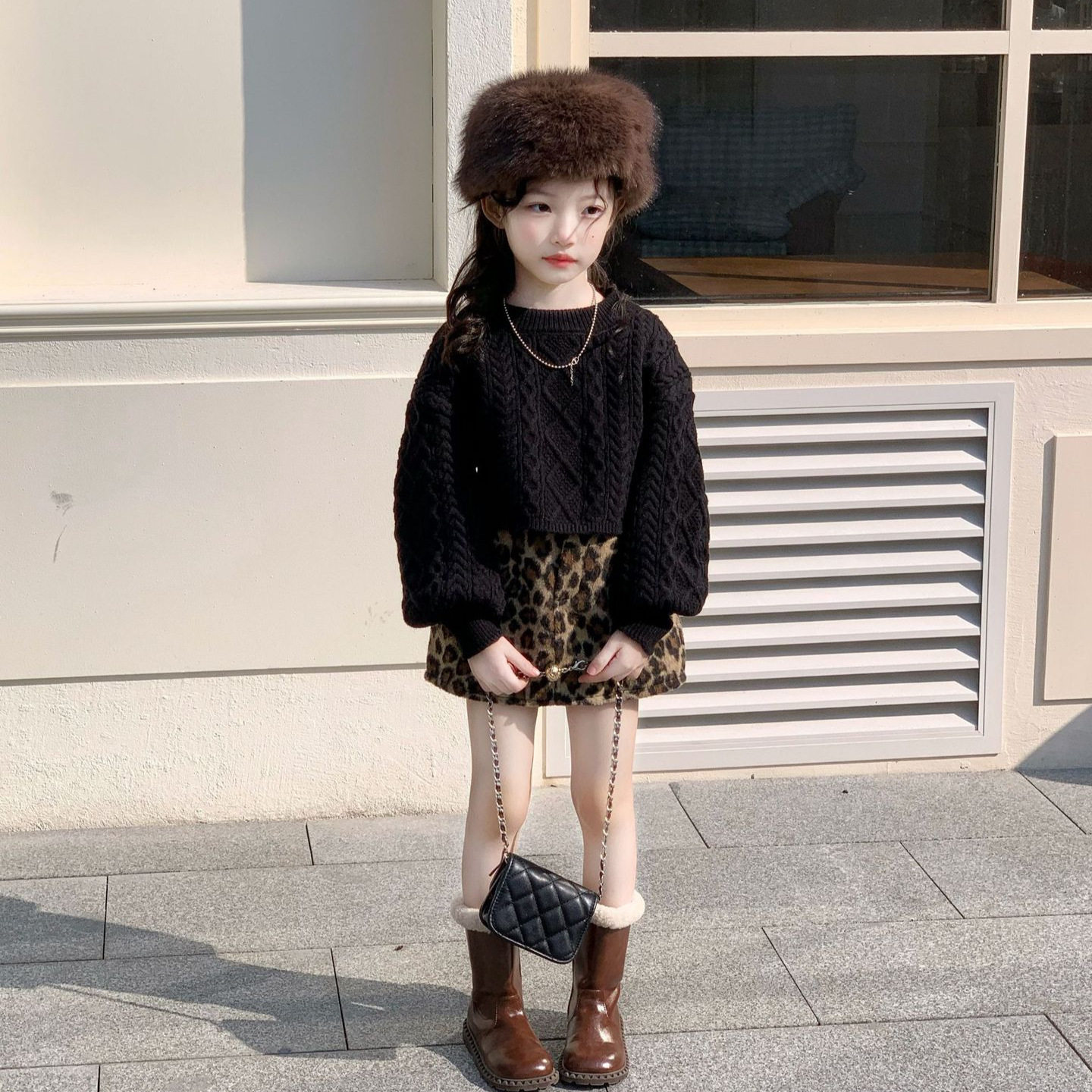 TOTObaby2026秋冬韩版女童复古麻花套头针织毛衣儿童洋气豹纹短裙